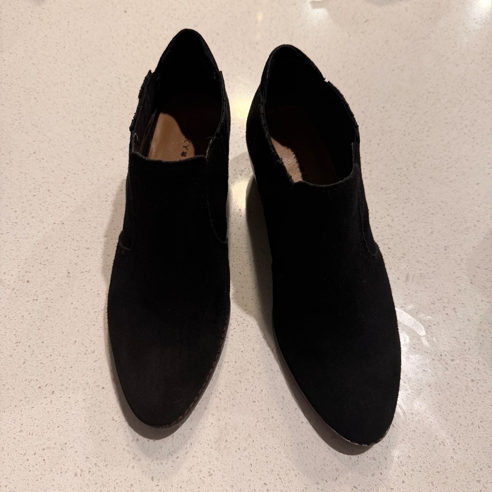 Lucky Brand Black Suede Ankle Booties Sz 8 Charming Stacked Heel Boho Western